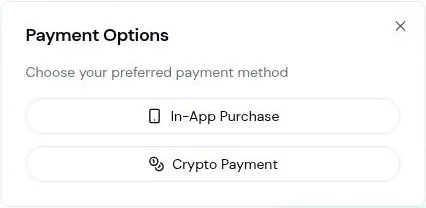 Sakura AI payment options window with in-app purchase and crypto payment buttons