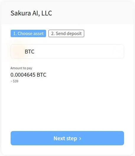 Crypto payment invoice for Sakura AI, LLC with the Bitcoin amount to pay