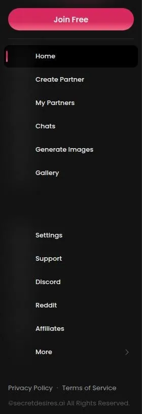 Secret Desires sidebar menu with Create Partner, Chats, Generate Images and Gallery
