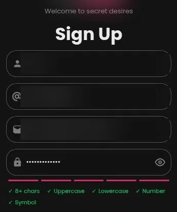 Secret Desires sign-up form with name, handle, e-mail and password fields and password rule checks