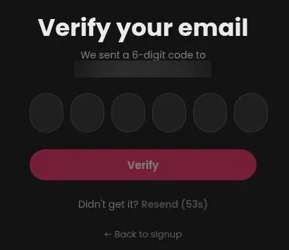 Secret Desires e-mail verification step with six code boxes and a Verify button