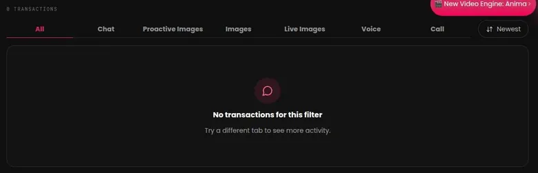 Secret Desires Hearts History page with category tabs and an empty transaction list