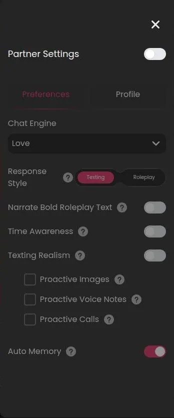 Secret Desires partner settings panel with chat engine, response style and proactive message switches