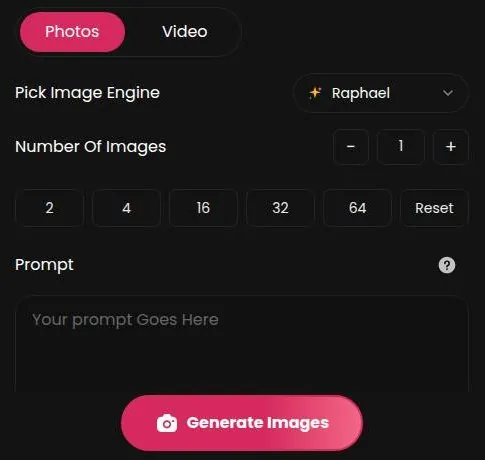 Secret Desires image generator with engine picker, image count presets and a prompt box