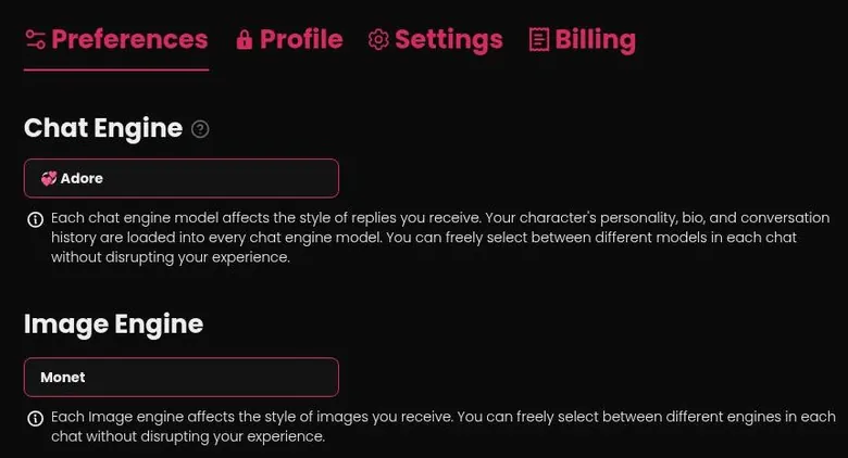 Secret Desires account preferences showing default chat engine Adore and image engine Monet