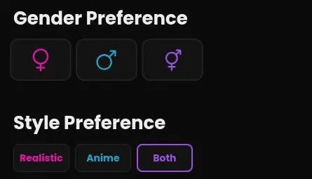 Secret Desires gender and style preference buttons in account settings