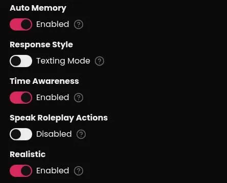 Secret Desires preference toggles for Auto Memory, Response Style, Time Awareness and Speak Roleplay Actions