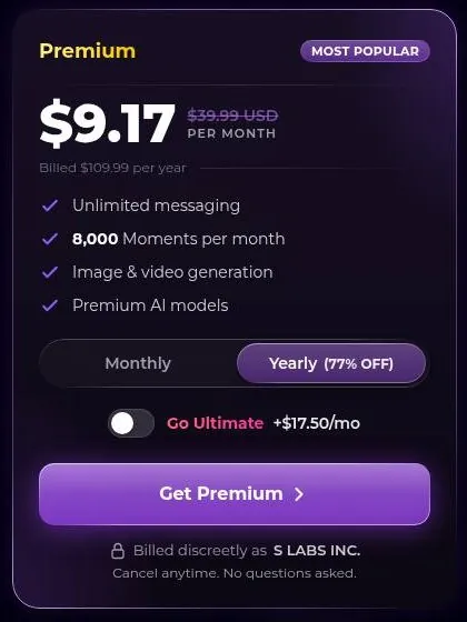 Secrets AI Premium plan card on yearly billing with the Ultimate toggle switched off
