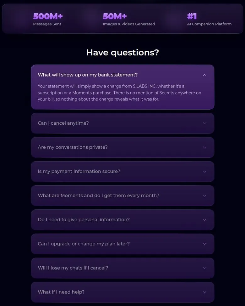 Secrets AI store FAQ with the bank statement question expanded