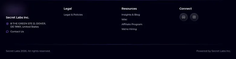 Secrets AI footer with the Secret Labs Inc. address and resource links