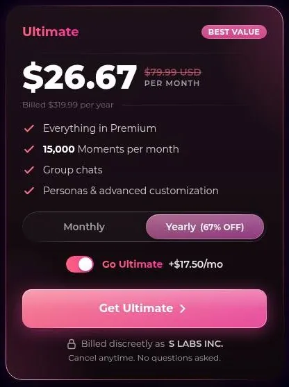 Secrets AI Ultimate plan card on yearly billing with the Ultimate toggle switched on
