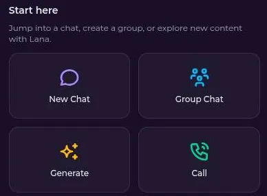 Secrets AI character profile buttons for new chat, group chat, generate and call