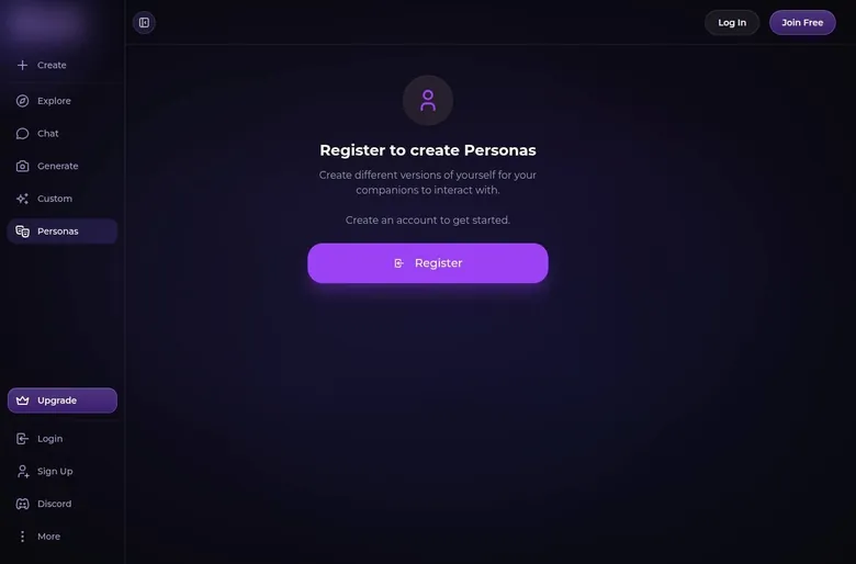 Secrets AI Personas page asking visitors to register first