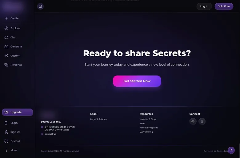 Secrets AI landing page footer with company address and Discord and Instagram icons