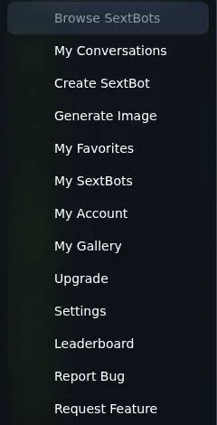SextBots logged-in menu with browse, conversations, bot creator, image generator, account and leaderboard