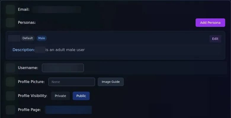 SextBots My Account page with a default persona, username field and public or private profile switch