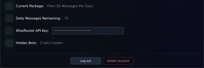 SextBots account panel showing the free package, daily messages remaining, an API key field and Delete Account button