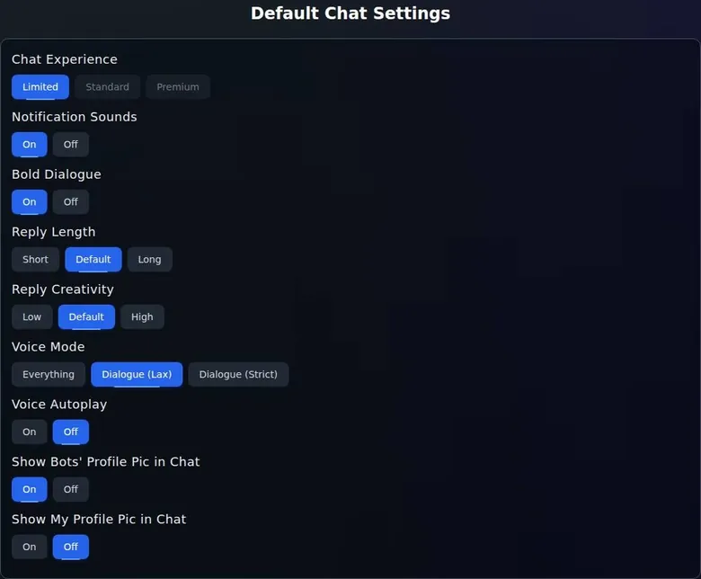 SextBots default chat settings with chat experience, reply length, creativity and voice mode options