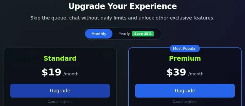 SextBots monthly pricing with Standard and Premium plan cards and Upgrade buttons