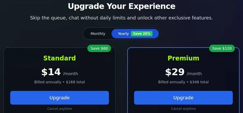 SextBots yearly pricing with Standard and Premium cards showing annual totals and savings badges
