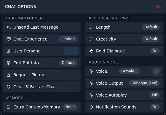 SextBots chat options dialog with chat management, memory, response settings and voice settings