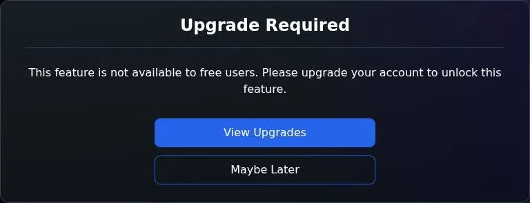 SextBots Upgrade Required dialog saying the feature is not available to free users
