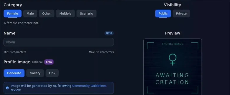 SextBots Create New Bot form with category, visibility, name and profile image options and a preview card