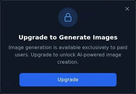 SextBots dialog saying image generation is available only to paid users, with an Upgrade button