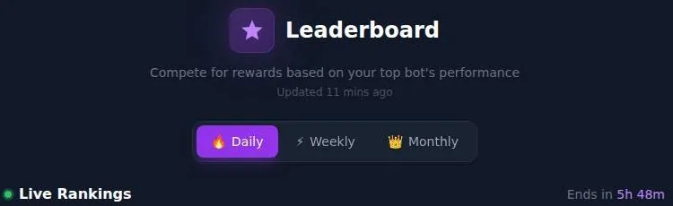 SextBots creator leaderboard header with daily, weekly and monthly tabs and a countdown