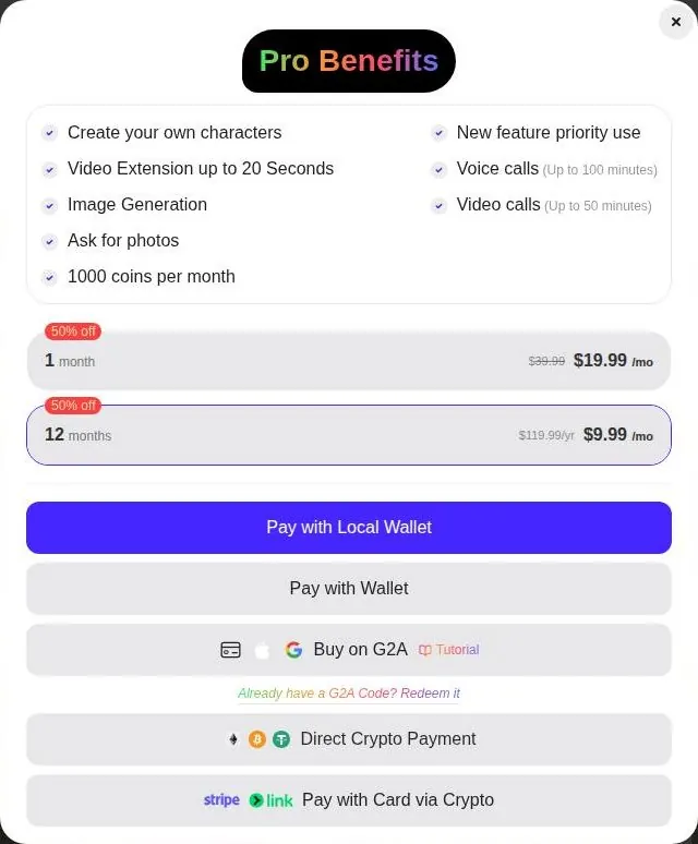 SoulFun Pro window with the benefits list, two plan lengths and five payment buttons