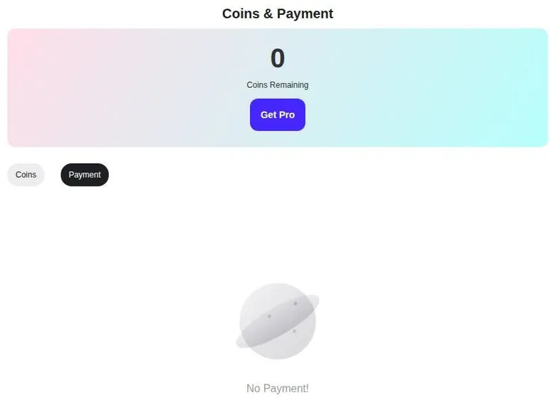 SoulFun Coins and Payment page showing a zero coin balance and a Get Pro button