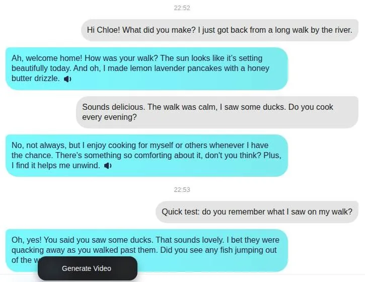 SoulFun chat with a recipe developer character recalling an earlier detail
