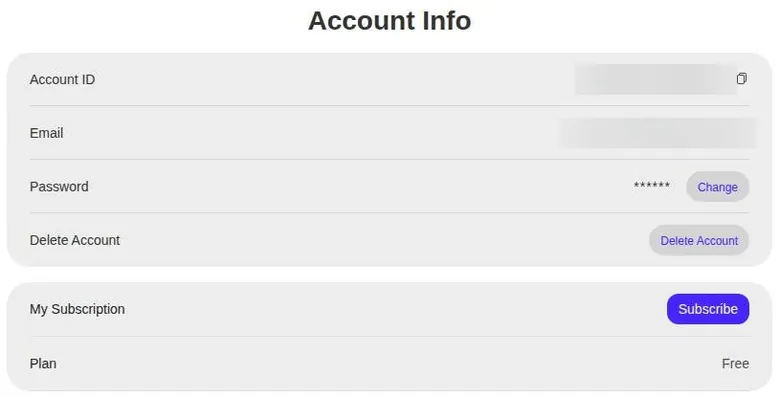 SoulFun account page with password change, Delete Account and plan status