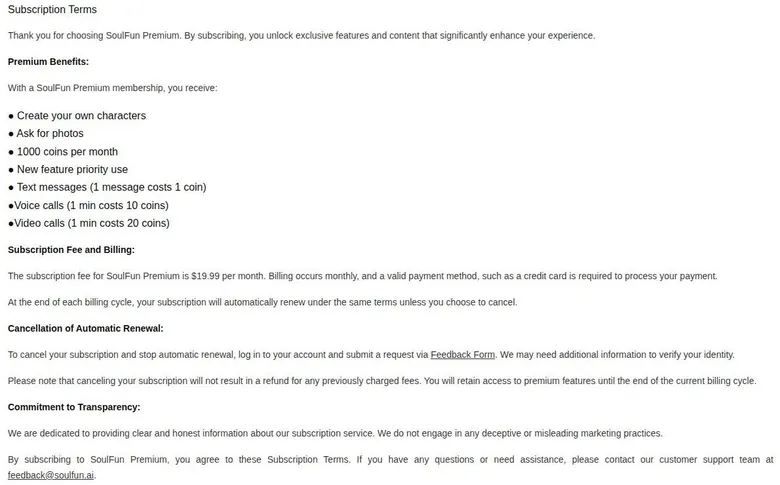 SoulFun Subscription Terms page listing benefits, per-coin costs, renewal, cancellation and refund rules
