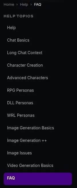 Soulkyn help center sidebar listing guides from Chat Basics and Character Creation to RPG, DLL and WRL Personas