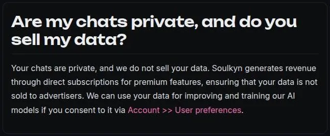 Soulkyn FAQ answer on chat privacy, data sales and opt-in AI training