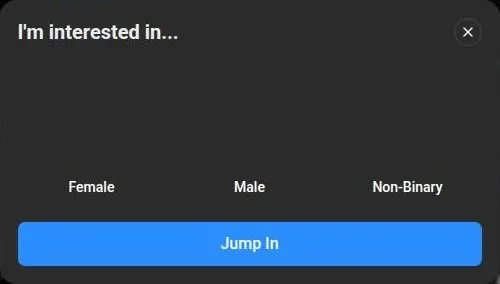SpicyChat modal asking which characters the visitor is interested in: Female, Male or Non-Binary
