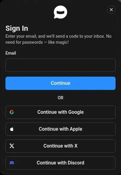 SpicyChat sign-in modal with e-mail field and Google, Apple, X and Discord login buttons