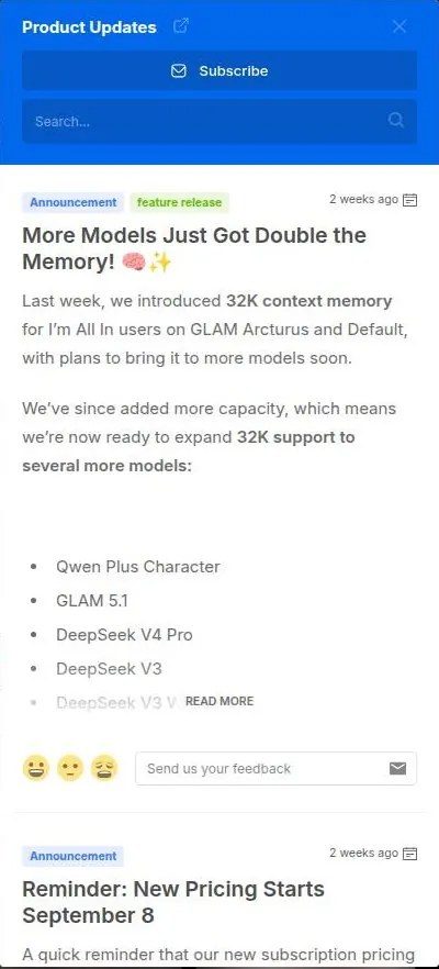 SpicyChat product updates panel announcing 32K context memory on more models