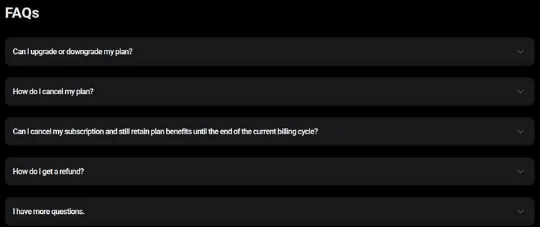 SpicyChat pricing FAQ with questions about cancelling, billing cycle and refunds
