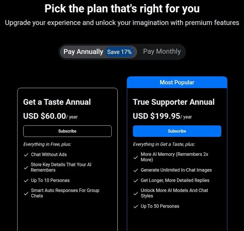 SpicyChat annual pricing cards with Save 17% toggle