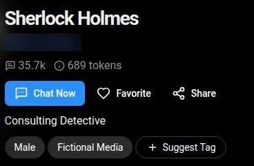 SpicyChat bot profile header for a Sherlock Holmes character with chat count and tags