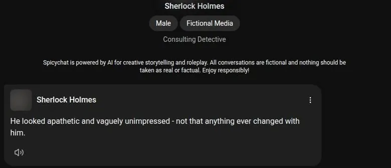 SpicyChat chat window opening with a disclaimer and the Sherlock Holmes bot's greeting