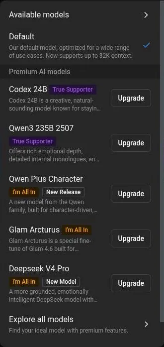 SpicyChat model selector with the Default model active and premium models locked by tier