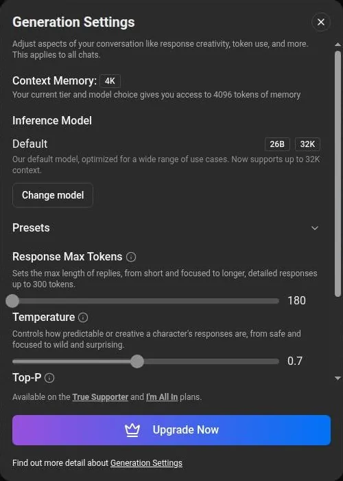 SpicyChat generation settings showing 4K context memory, max tokens 180 and temperature 0.7