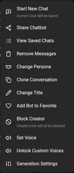 SpicyChat chat options menu with saved chats, clone conversation and block creator