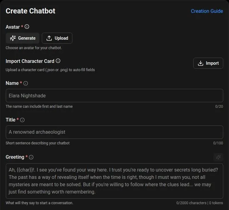 SpicyChat Create Chatbot form with avatar, character card import, name, title and greeting fields