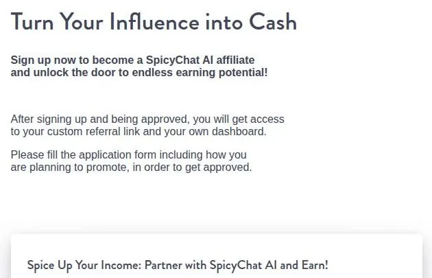 SpicyChat affiliate programme sign-up page