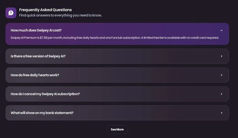 Swipey AI pricing FAQ with the monthly price answer expanded