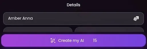 Swipey AI character wizard final step with a name field and Create my AI button